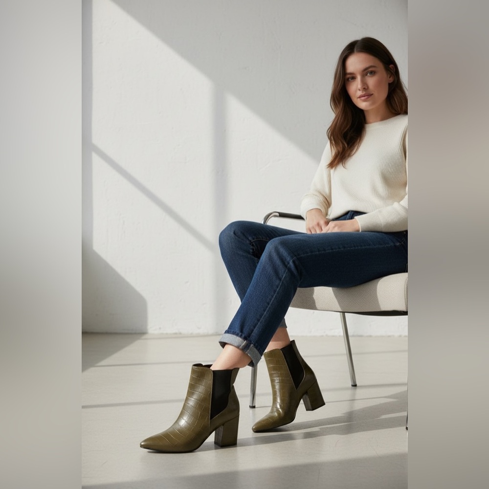 The Valentina Croc Embossed Block Heel Ankle Boots - Picture 2 of 15
